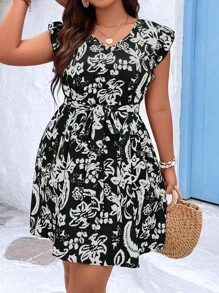 SHEIN LUNE Plus Floral Print Ruffle Trim Belted Dress - Black and White - View 4