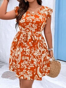 SHEIN LUNE Talla grande Vestido con cinturón con estampado floral ribete con fruncido - Naranja Quemada - Ver 5