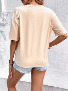 SHEIN LUNE Camiseta de hombros caídos con estampado floral - Caqui - Ver 3