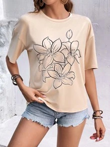 SHEIN LUNE Camiseta de hombros caídos con estampado floral - Caqui - Ver 1