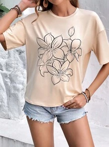 SHEIN LUNE Camiseta de hombros caídos con estampado floral - Caqui - Ver 4