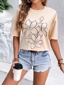 SHEIN LUNE Camiseta de hombros caídos con estampado floral - Caqui - Ver 5