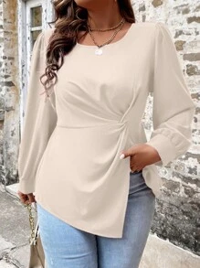 SHEIN Unity 大碼前扭結不對稱下擺襯衫 - 杏色 - 查看 1