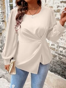 SHEIN Unity 大碼前扭結不對稱下擺襯衫 - 杏色 - 查看 6