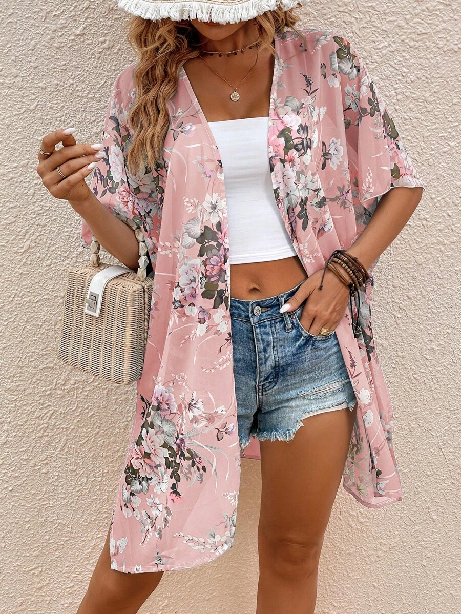 Swim Vcay 印花蝙蝠袖和服罩衫 - 粉色 - 查看 1