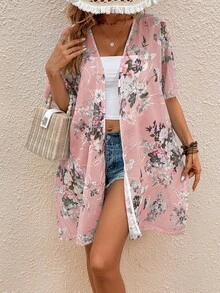 Swim Vcay 印花蝙蝠袖和服罩衫 - 粉色 - 查看 5