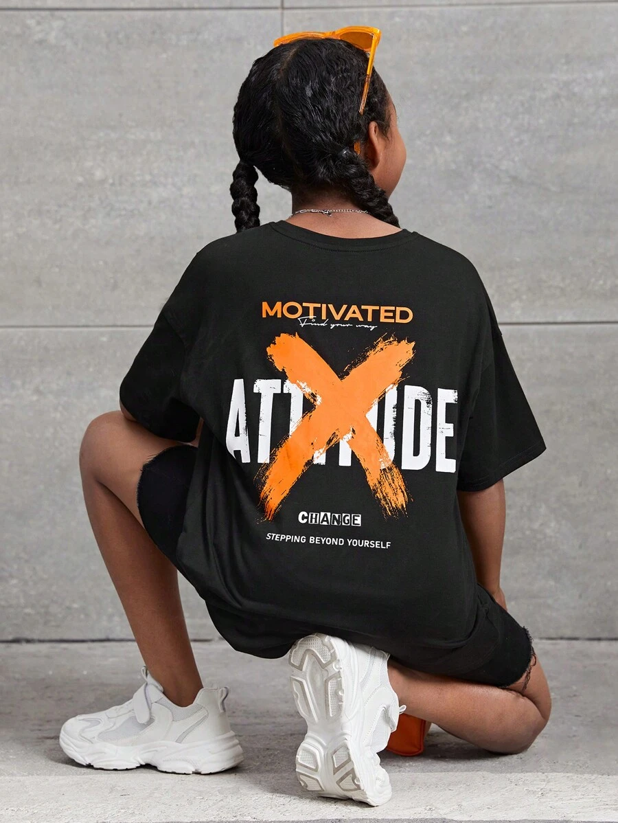 SHEIN Tween Girls Casual Printed Relaxed Fit Crew Neck Short Sleeve Knit Top, Spring/Summer - Black - View 1