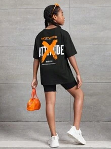 SHEIN Tween Girls Casual Printed Relaxed Fit Crew Neck Short Sleeve Knit Top, Spring/Summer - Black - View 4