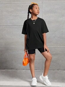 SHEIN Tween Girls Casual Printed Relaxed Fit Crew Neck Short Sleeve Knit Top, Spring/Summer - Black - View 5