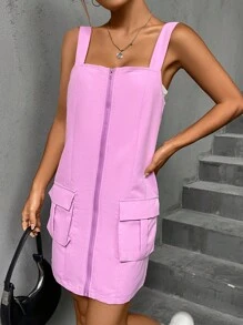 SHEIN Unity 翻蓋口袋拉鏈開襟背帶裙 - 粉色 - 查看 4