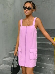 SHEIN Unity 翻蓋口袋拉鏈開襟背帶裙 - 粉色 - 查看 3