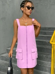 SHEIN Unity 翻蓋口袋拉鏈開襟背帶裙 - 粉色 - 查看 5