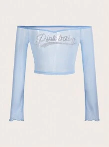 SHEIN ICON Áo nữ Xù nhỏ Pha lê kim cương cắt Lá thư Gợi cảm - Màu xanh nhạt - Xem 1