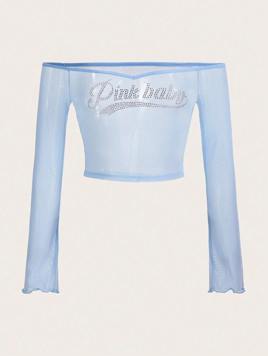 SHEIN ICON Áo nữ Xù nhỏ Pha lê kim cương cắt Lá thư Gợi cảm - Màu xanh nhạt - Xem 1