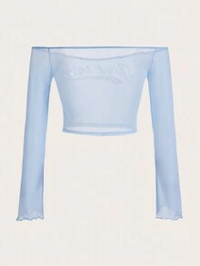 SHEIN ICON Áo nữ Xù nhỏ Pha lê kim cương cắt Lá thư Gợi cảm - Màu xanh nhạt - Xem 2