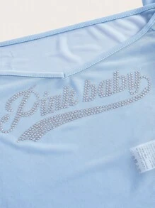 SHEIN ICON Áo nữ Xù nhỏ Pha lê kim cương cắt Lá thư Gợi cảm - Màu xanh nhạt - Xem 3