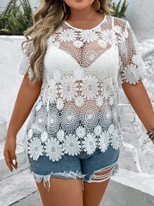 SHEIN Holidaya áo nữ kích thước lớn Tương phản ren cắt màu trơn Gợi cảm - trắng - Xem 1