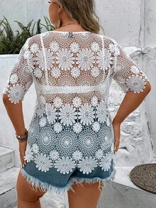 SHEIN Holidaya áo nữ kích thước lớn Tương phản ren cắt màu trơn Gợi cảm - trắng - Xem 2