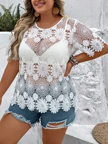 SHEIN Holidaya áo nữ kích thước lớn Tương phản ren cắt màu trơn Gợi cảm - trắng - Xem 3