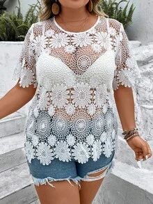 SHEIN Holidaya áo nữ kích thước lớn Tương phản ren cắt màu trơn Gợi cảm - trắng - Xem 4