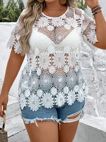 SHEIN Holidaya áo nữ kích thước lớn Tương phản ren cắt màu trơn Gợi cảm - trắng - Xem 5