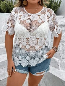 SHEIN Holidaya áo nữ kích thước lớn Tương phản ren cắt màu trơn Gợi cảm - trắng - Xem 6