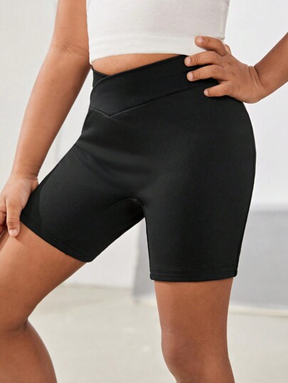 SHEIN Young Girl Professional Sports Solid Color Knitted Athletic Shorts