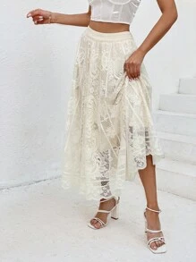 SHEIN Privé 素色蕾絲覆蓋半身裙