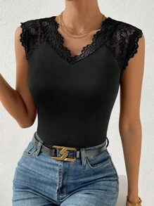 SHEIN Privé Áo thun nữ Tương phản ren màu trơn Giải trí - màu đen - Xem 1