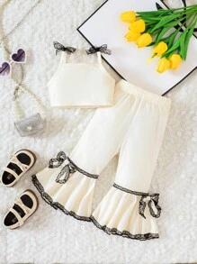 Baby Bow Front Cami Top & Contrast Lace Flare Leg Trousers - Apricot - View 1