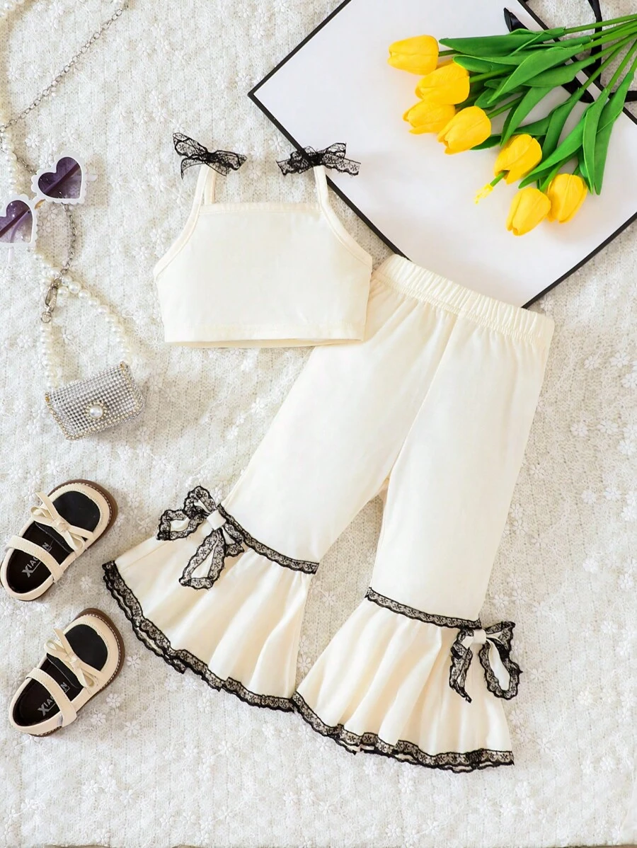 Baby Bow Front Cami Top & Contrast Lace Flare Leg Trousers - Apricot - View 1