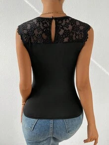 SHEIN Privé Áo thun nữ Tương phản ren màu trơn Giải trí - màu đen - Xem 2