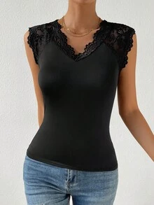 SHEIN Privé Áo thun nữ Tương phản ren màu trơn Giải trí - màu đen - Xem 3