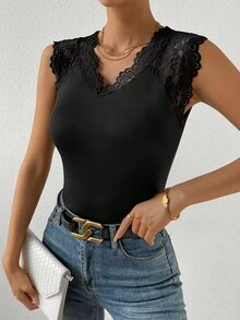 SHEIN Privé Áo thun nữ Tương phản ren màu trơn Giải trí - màu đen - Xem 4