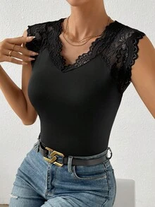 SHEIN Privé Áo thun nữ Tương phản ren màu trơn Giải trí - màu đen - Xem 6