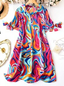 SHEIN LUNE 大碼滿版印花打結袖口襯衫連衣裙 - 彩色 - 查看 1