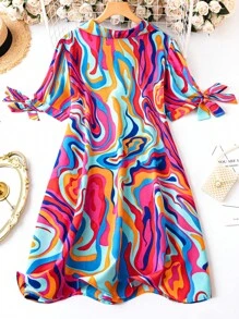 SHEIN LUNE 大碼滿版印花打結袖口襯衫連衣裙 - 彩色 - 查看 2