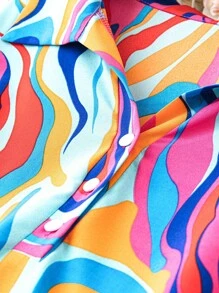 SHEIN LUNE 大碼滿版印花打結袖口襯衫連衣裙 - 彩色 - 查看 3