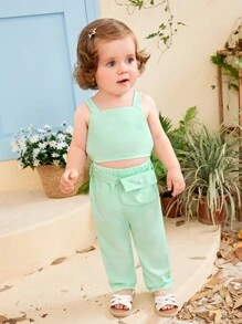 SHEIN Bộ đồ Em bé Thắt lưng màu trơn - màu xanh lá - Xem 1