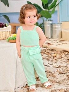 SHEIN Bộ đồ Em bé Thắt lưng màu trơn - màu xanh lá - Xem 3