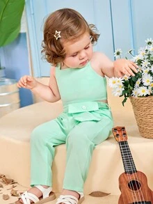 SHEIN Bộ đồ Em bé Thắt lưng màu trơn - màu xanh lá - Xem 4