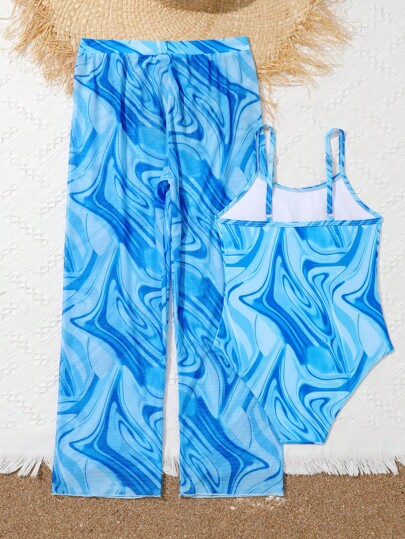 Tween Girl Fluid Print One Piece Swimsuit With Cover Up Pants