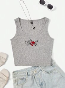 SHEIN EZwear Heart & Figure Graphic Tank Top - Light Grey - View 1
