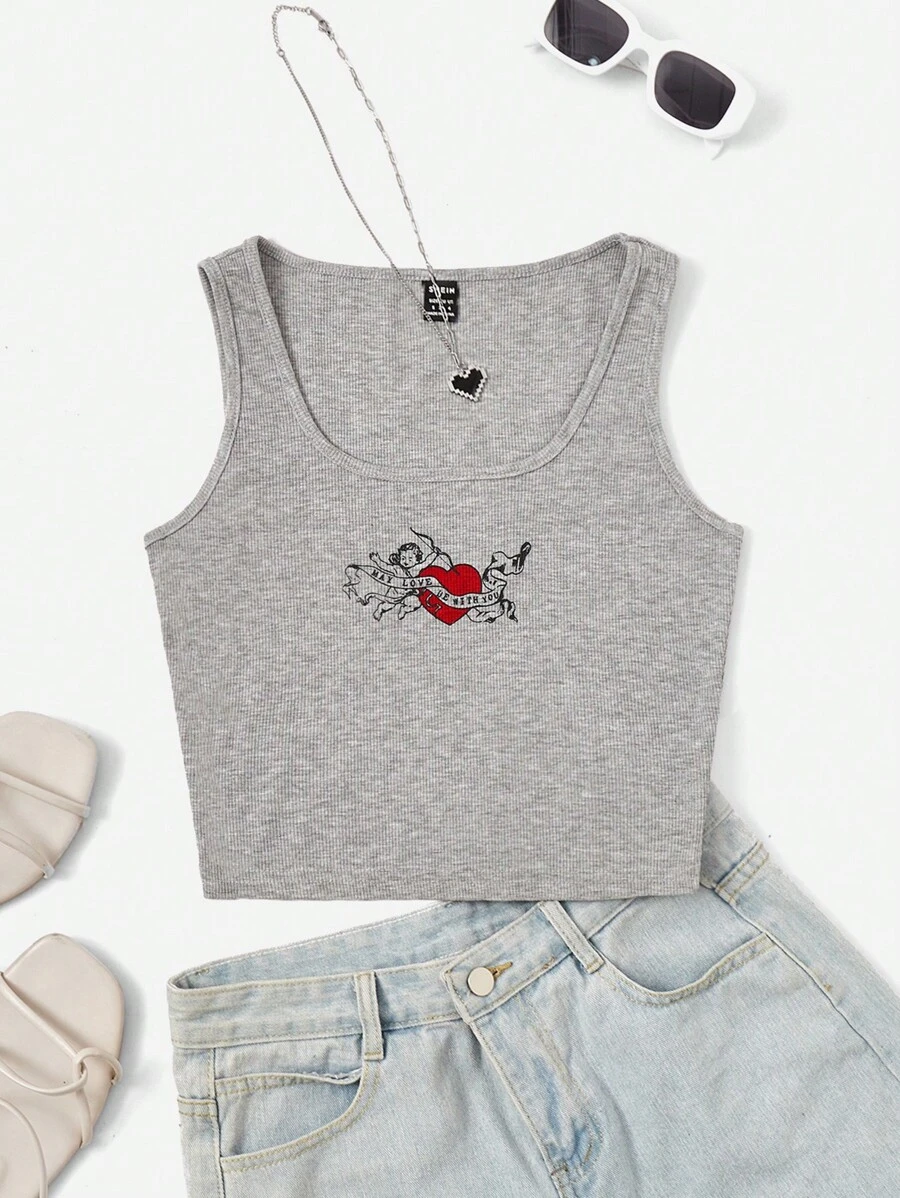 SHEIN EZwear Heart & Figure Graphic Tank Top - Light Grey - View 1