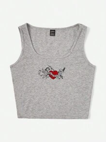 SHEIN EZwear Heart & Figure Graphic Tank Top - Light Grey - View 3