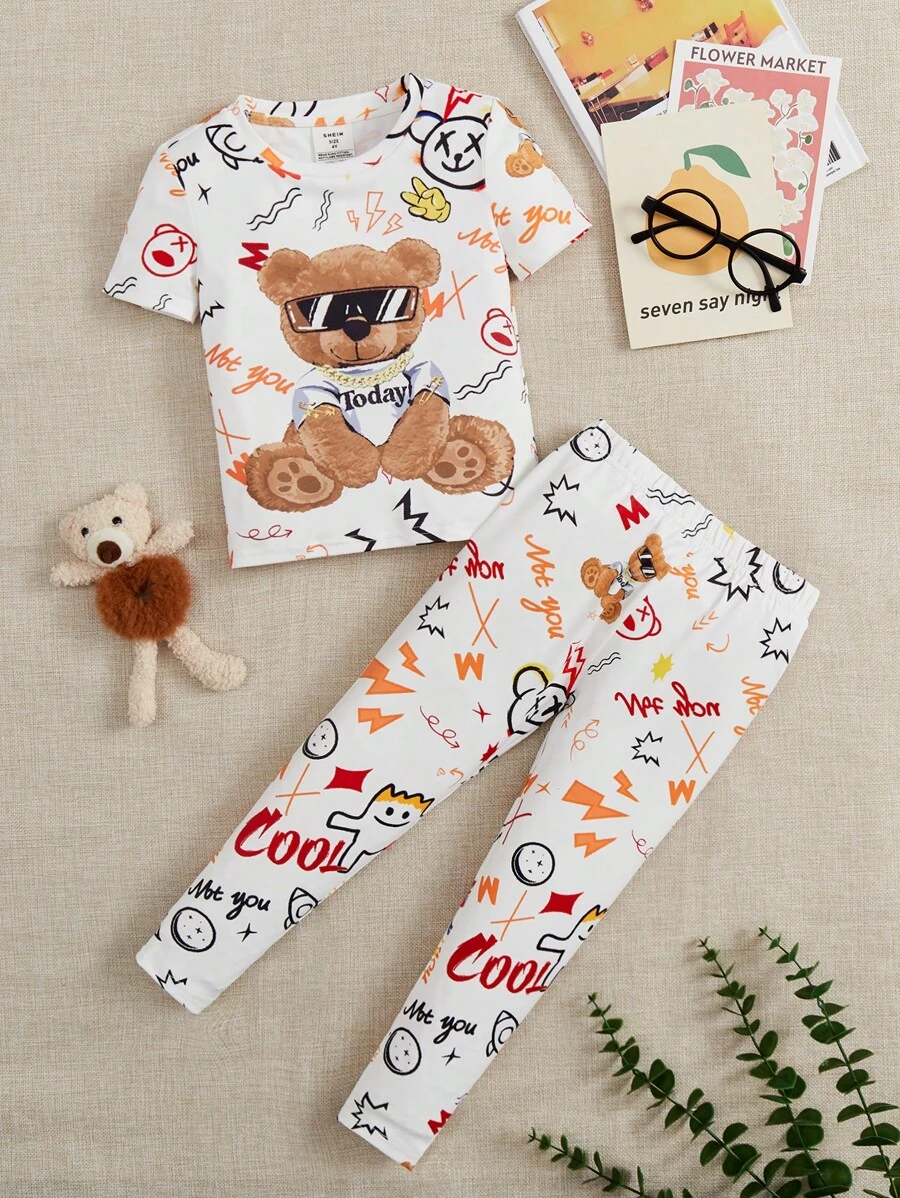 SHEIN Young Boy Cartoon Graphic Snug Fit PJ Set - Multicolor - View 1