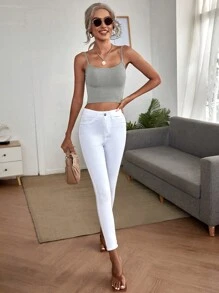 SHEIN BAE Áo hai dây Gân đan màu trơn Cơ bản - Màu Xám nhạt - Xem 4