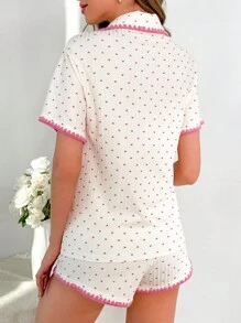 Conjunto de pijama con estampado de corazón y ribete contrastante - Beis - Ver 2