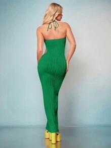 SHEIN BAE 前鏤空後背繫帶緊身連衣裙 - 綠色 - 查看 2