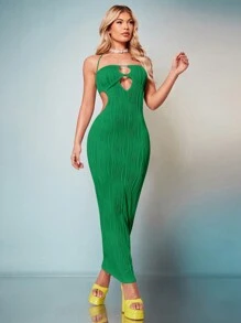 SHEIN BAE 前鏤空後背繫帶緊身連衣裙 - 綠色 - 查看 5